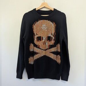 Philipp Plein Rhinestone Skull Sweater Size XL Black Orange Silver
